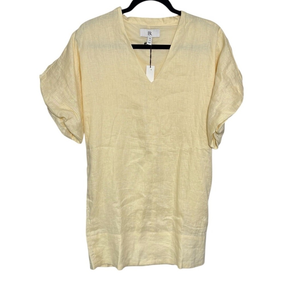 BR BANANA REPUBLIC NWT Yellow V-Neck Puff‎ Sleeve Linen Dress Size XS Petite